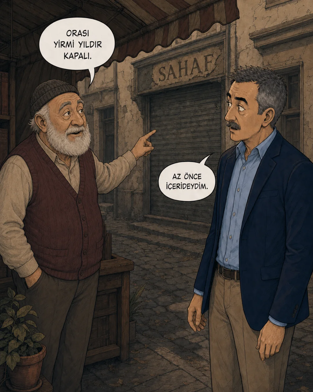 Komşu esnaf sahafın yirmi yıldır kapalı olduğunu söylüyor.