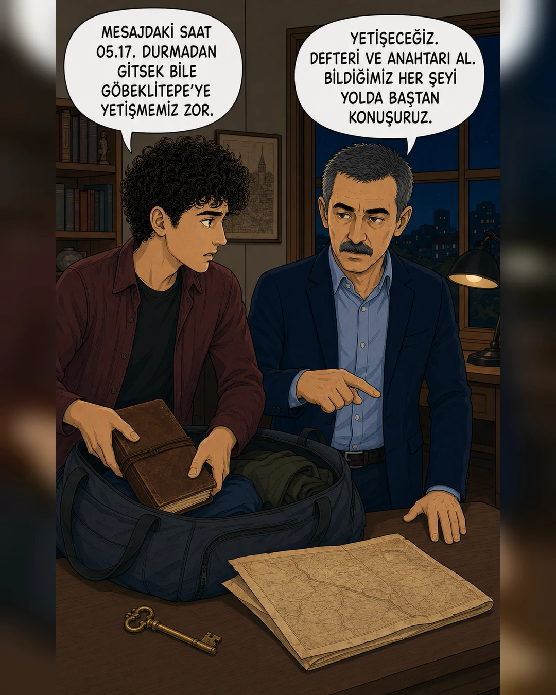 Murat Bey ve Efe, defter, harita ve anahtarla Göbeklitepe yolculuğuna hazırlanıyor.