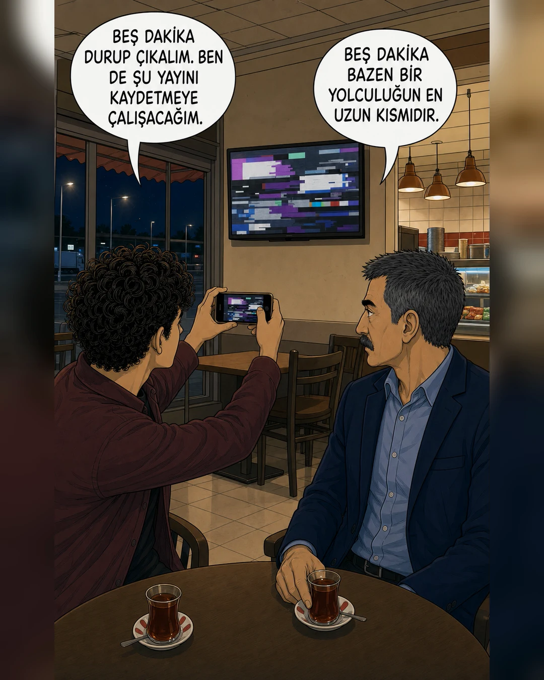 Murat Bey ve Efe gece bir dinlenme tesisinde kısa mola veriyor.