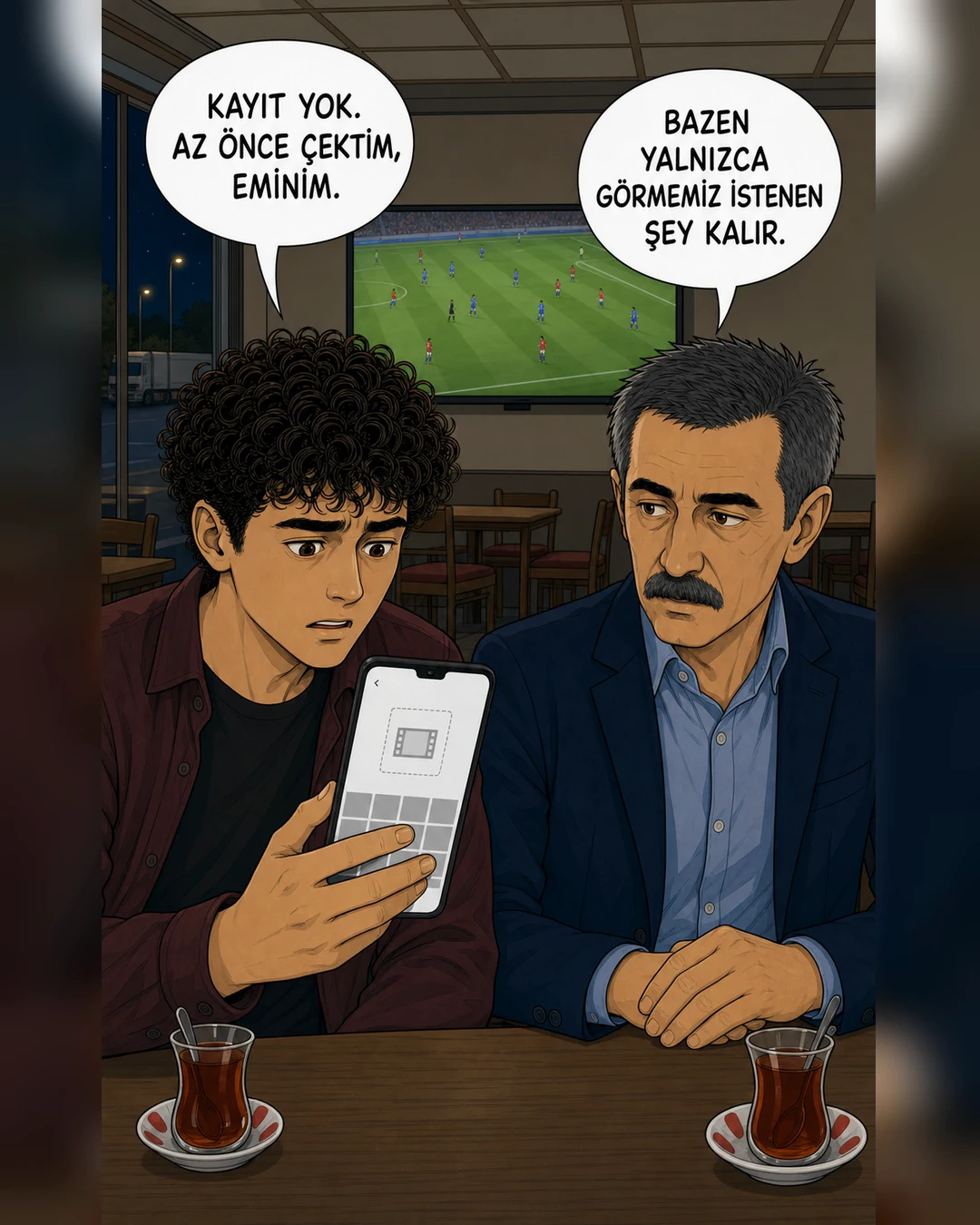 Televizyon futbola dönerken Efenin az önce yaptığı telefon kaydı kayboluyor.