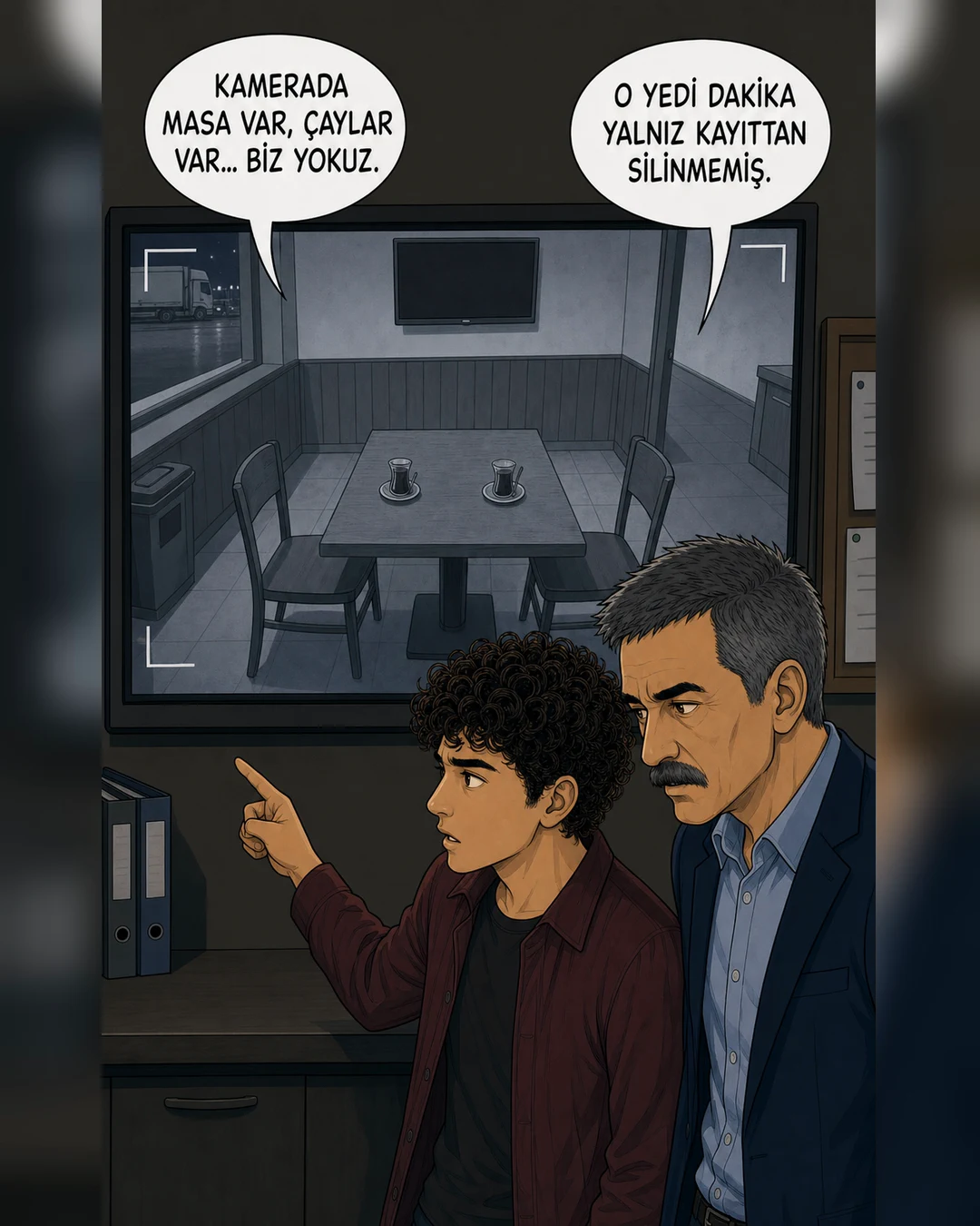 Güvenlik kamerasında masa ve çaylar görünürken Murat Bey ile Efe görünmüyor.