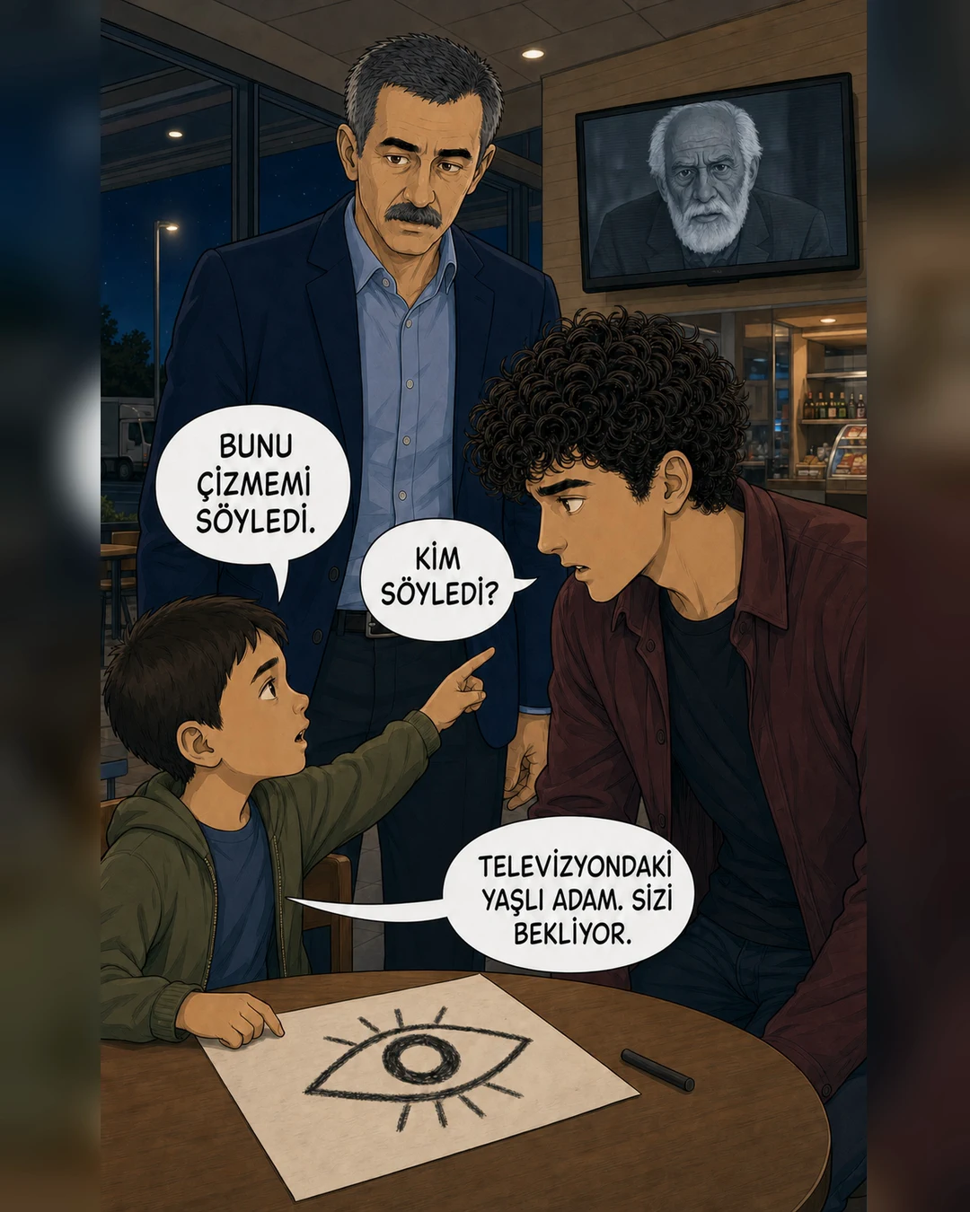 Bir çocuk televizyondaki yaşlı adamın gösterdiği göz sembolünü çiziyor.
