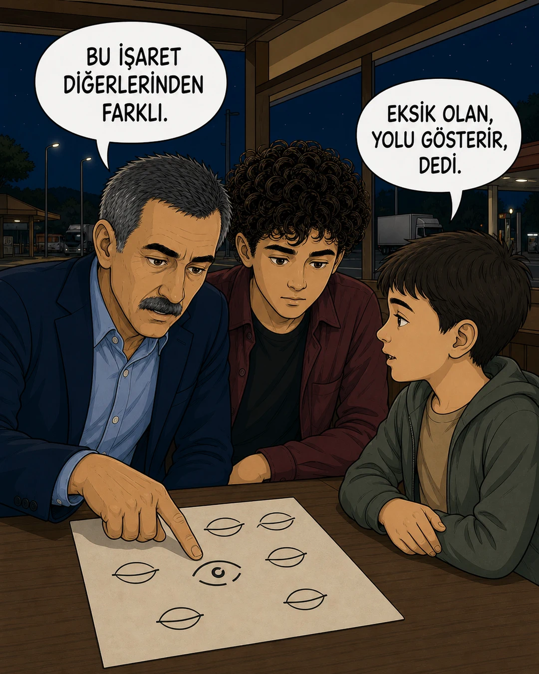 Çocuğun çiziminde yedi sembolden biri diğerlerinden farklı ve açık görünüyor.