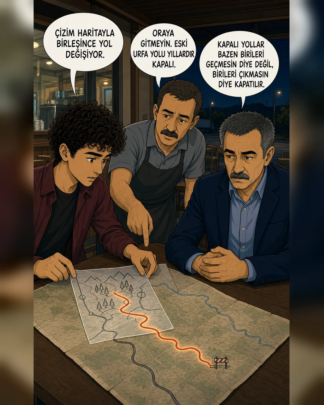 Çocuğun çizimi eski haritayla birleşerek kapalı eski Urfa yolunu gösteriyor.