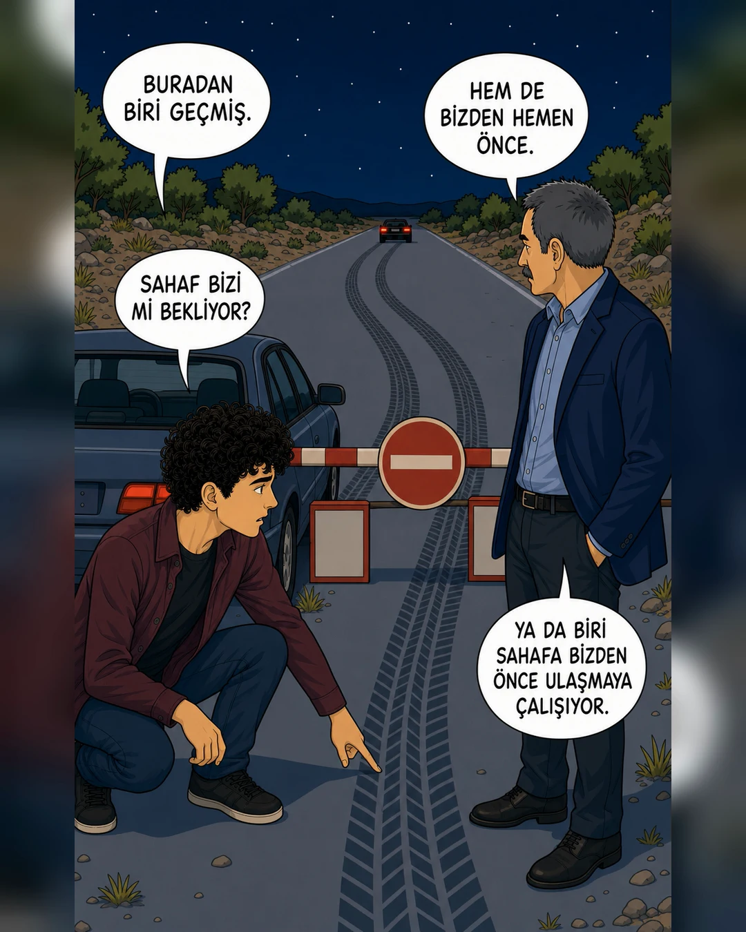 Kapalı yol bariyerinin arkasında taze lastik izleri ve uzakta siyah otomobil görülüyor.