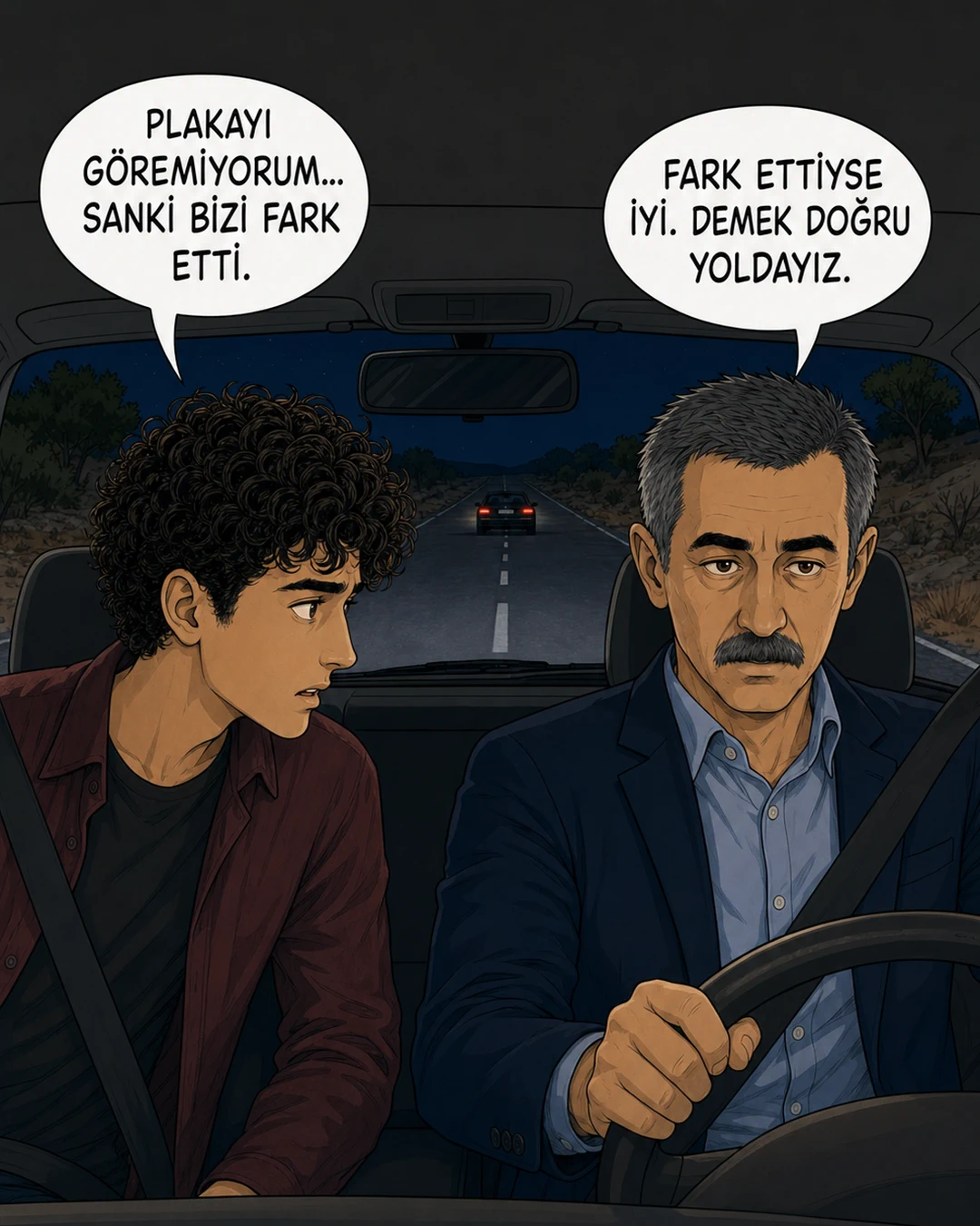 Murat Bey ve Efe kapalı eski yolda siyah otomobili takip ediyor.
