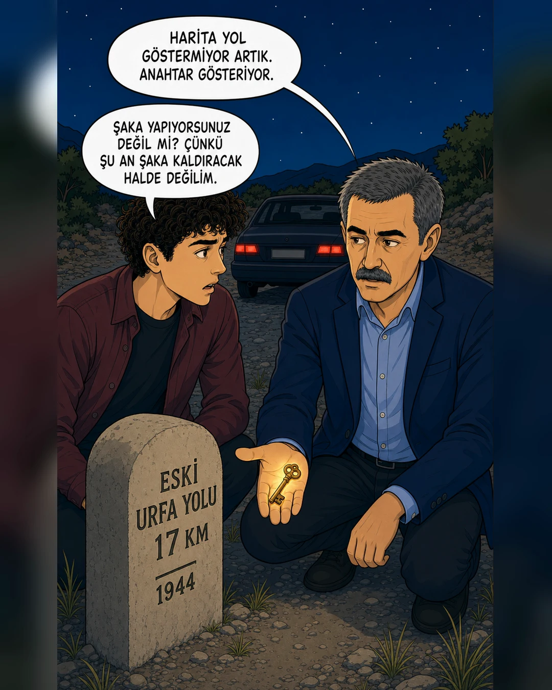 1944 tarihli eski Urfa yolu taşının yanında anahtar Murat Beyin avucunda ısınıyor.