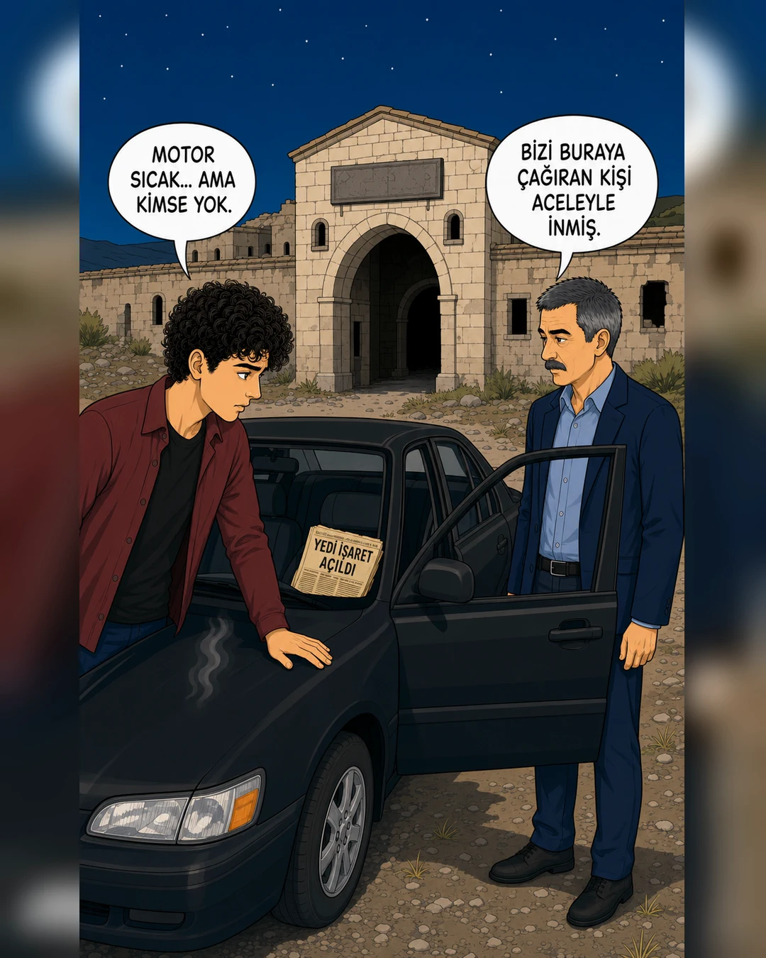 Terk edilmiş hanın önündeki siyah otomobilde kimse yokken motor sıcak kalıyor.