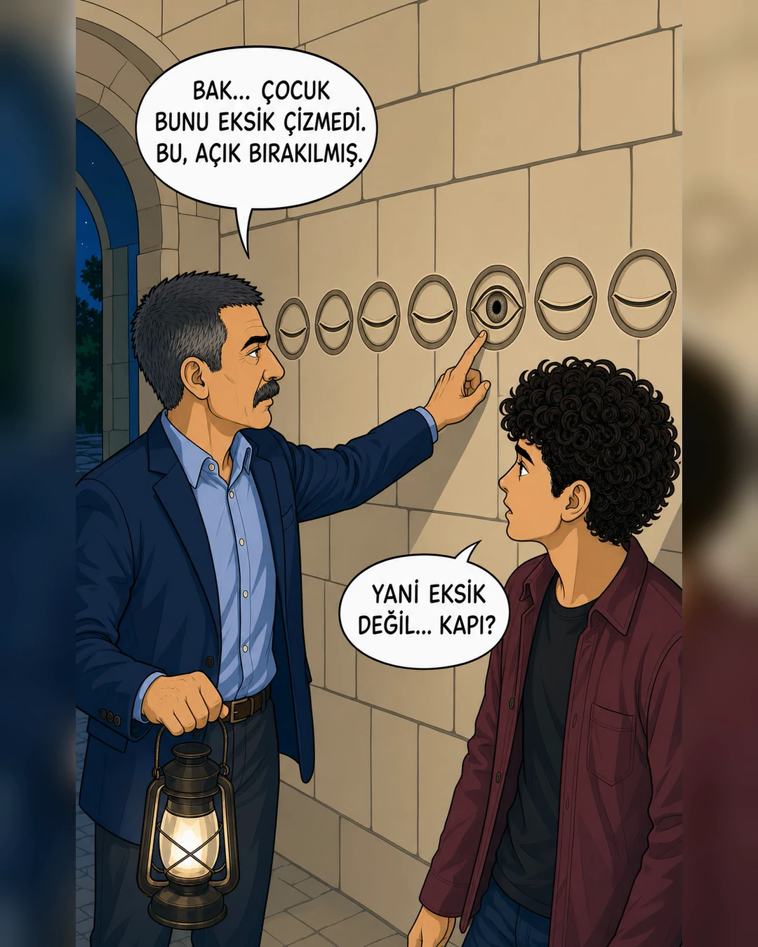 Han duvarındaki altı kapalı sembolün yanında yedinci sembol açık duruyor.
