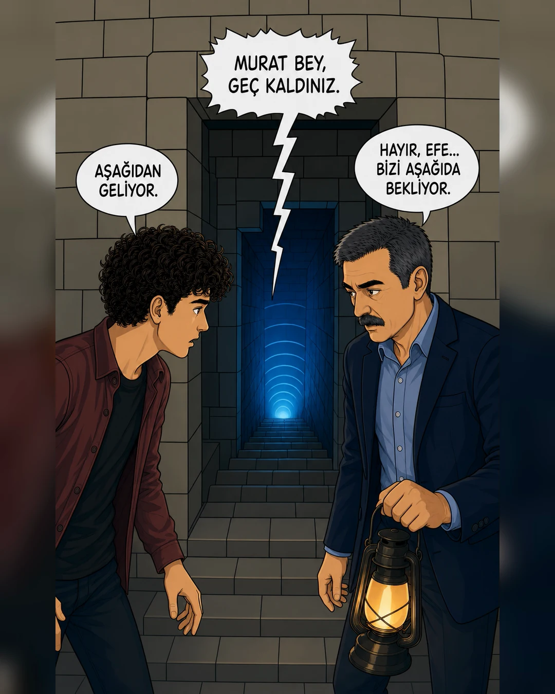 Gizli taş kapı açılarak soğuk mavi ışıklı yeraltı merdivenini ortaya çıkarıyor.