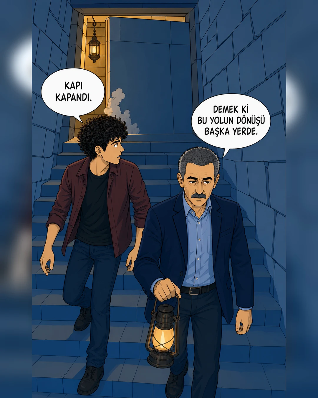 Murat Bey ve Efe merdivenden inerken ağır taş kapı arkalarında kapanıyor.