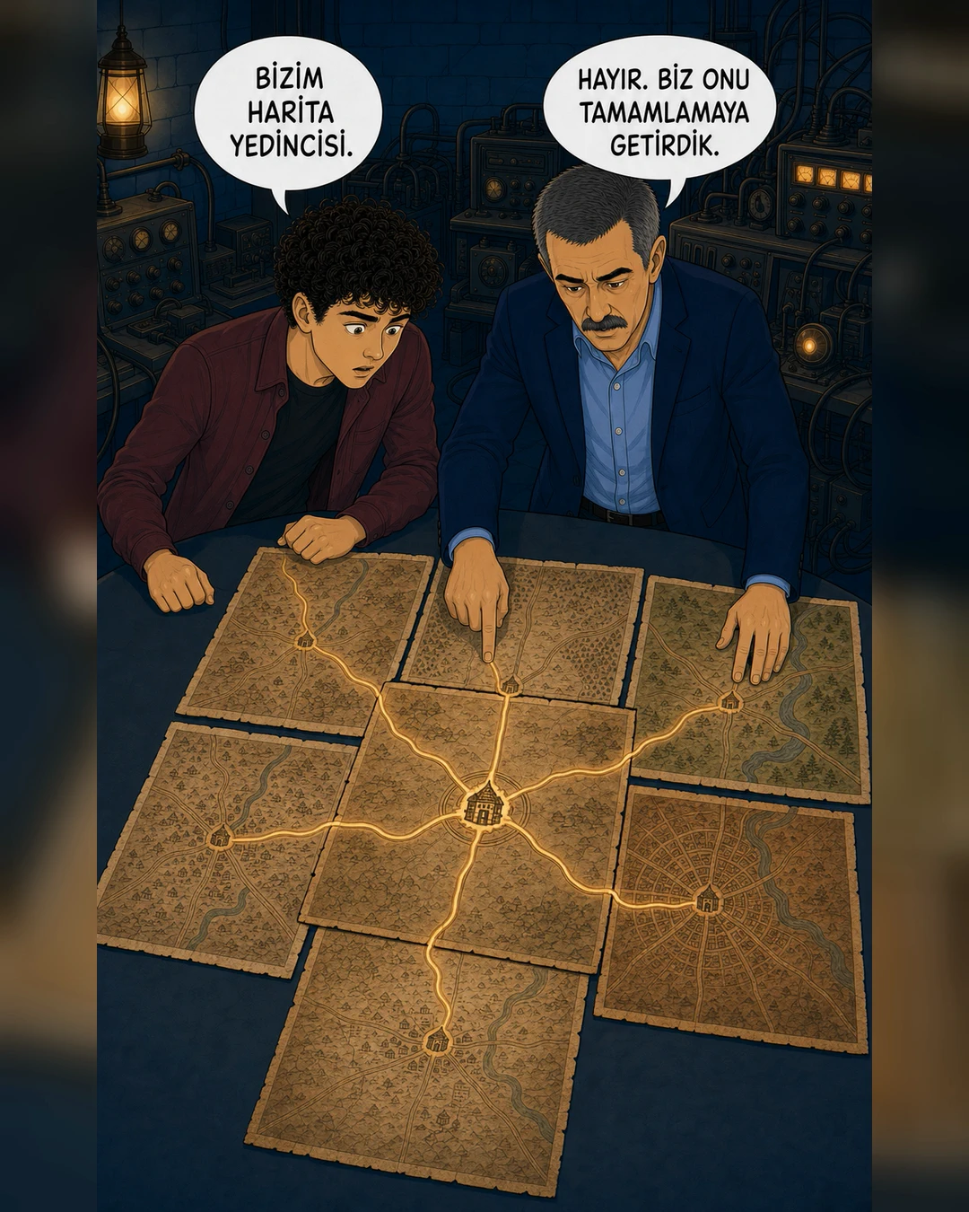 Yan yana getirilen haritalar, ellerindeki haritanın bütünü tamamladığını gösteriyor.
