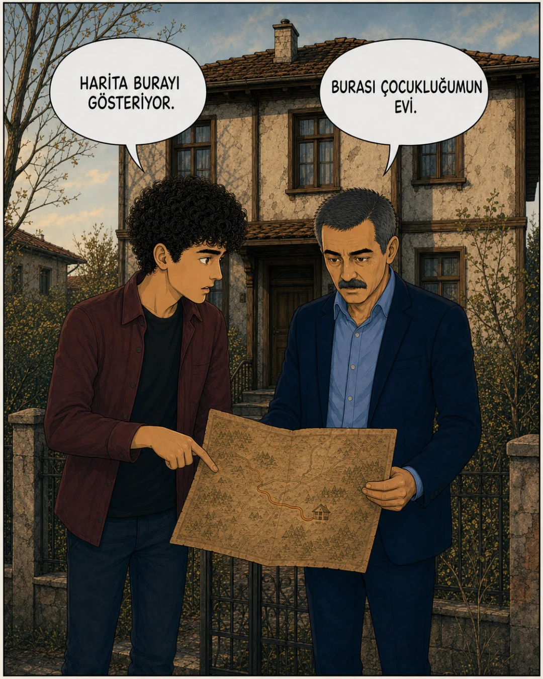 Murat Bey ve Efe, tamamlanan haritanın gösterdiği eski Ankara evinin önünde duruyor.