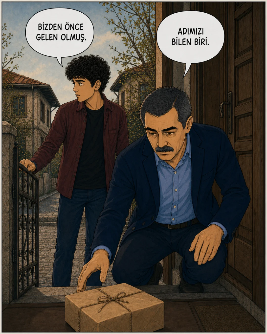 Murat Bey kapıdaki isimsiz paketi incelerken Efe sokağı kontrol ediyor.