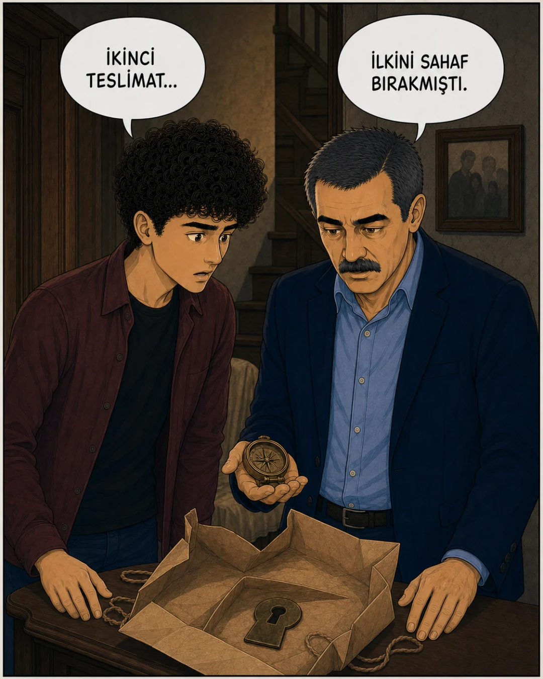 Açılan ikinci teslimatın içinden pirinç pusula ve anahtar yuvası biçimli kart çıkıyor.