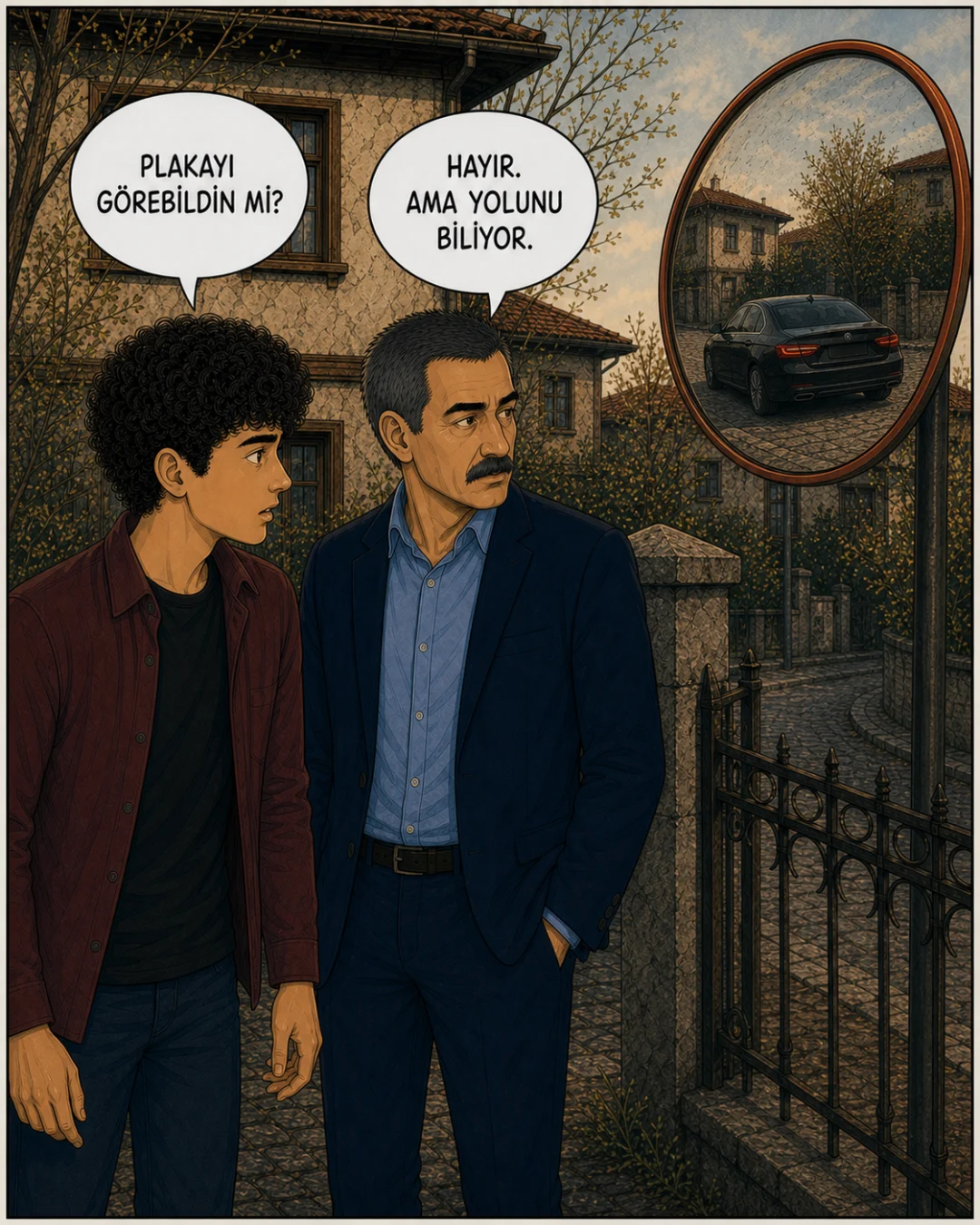 Sokak aynasında uzaklaşan siyah otomobil görülürken Murat Bey ve Efe eve bakıyor.