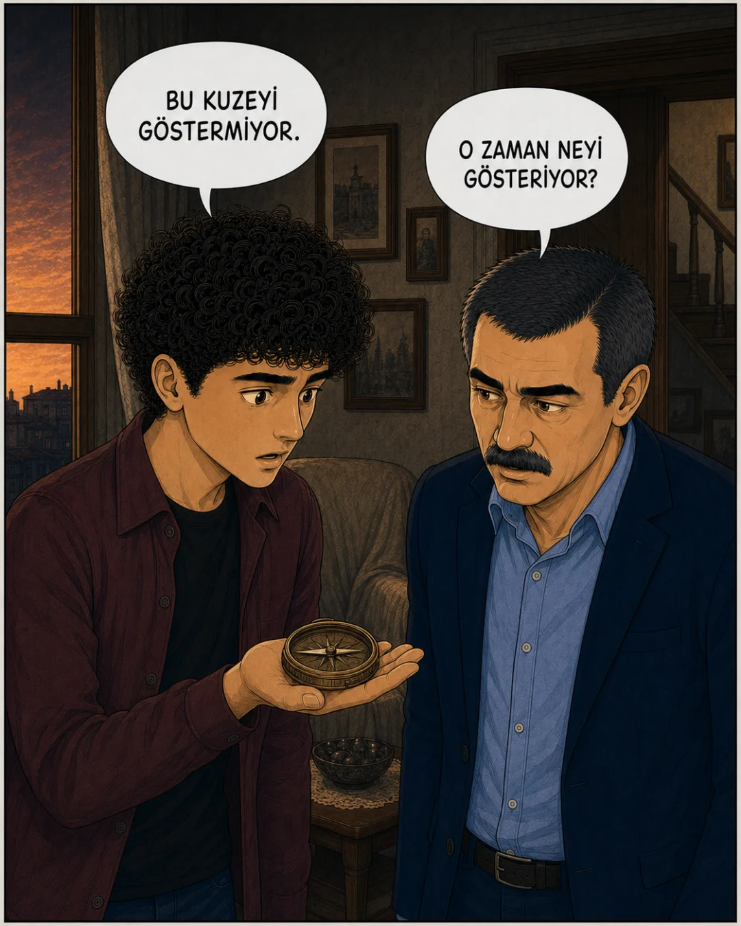 Efenin avucundaki pusula kuzey yerine salonun arka duvarını gösteriyor.