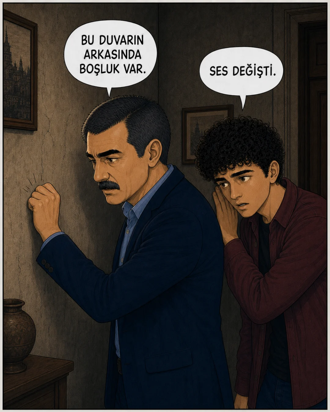 Murat Bey duvara vururken Efe duvarın arkasındaki boşluğu dinliyor.