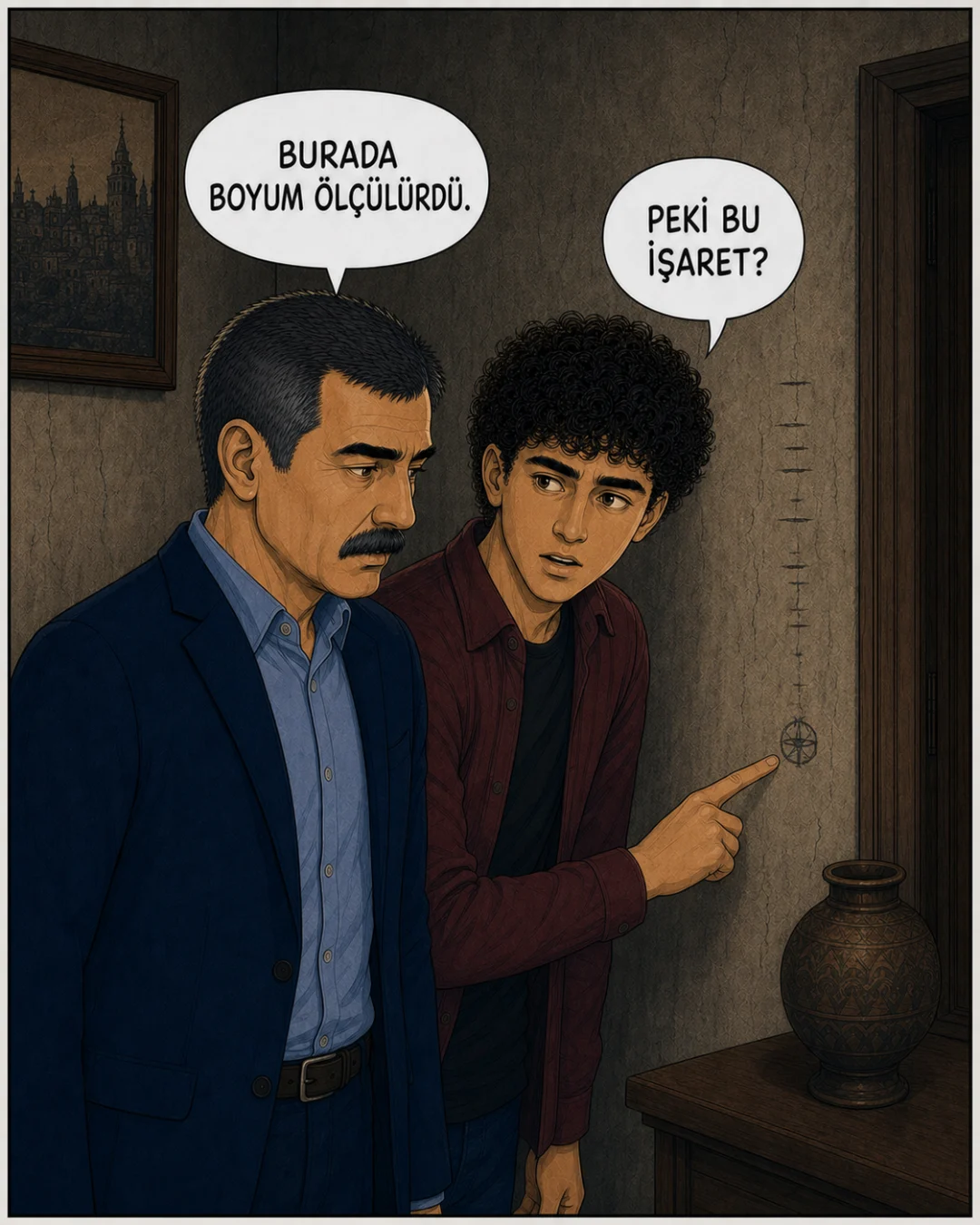 Murat Bey ve Efe, duvardaki çocukluk boy çizgileriyle dairesel işareti inceliyor.