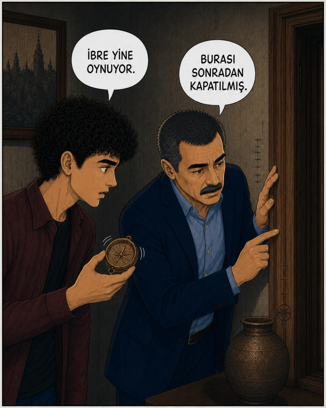 Pusula kapı pervazına yönelirken Murat Bey sonradan kapatılmış ahşabı kontrol ediyor.