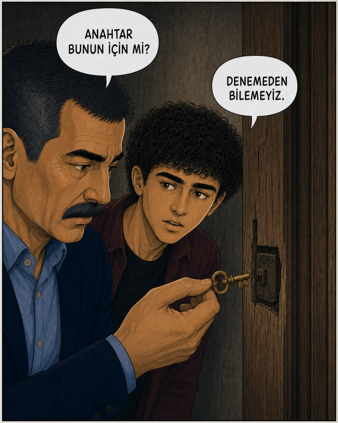 Murat Bey pirinç anahtarı pervazdaki gizli metal mandala yaklaştırıyor.