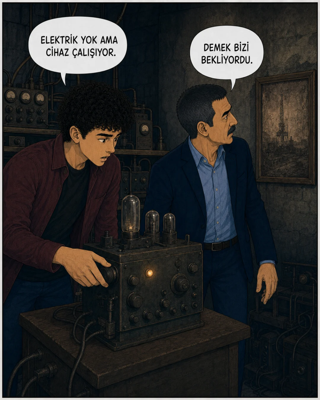 Efe eski vericinin düğmesini çevirirken küçük kehribar lamba yanıyor.