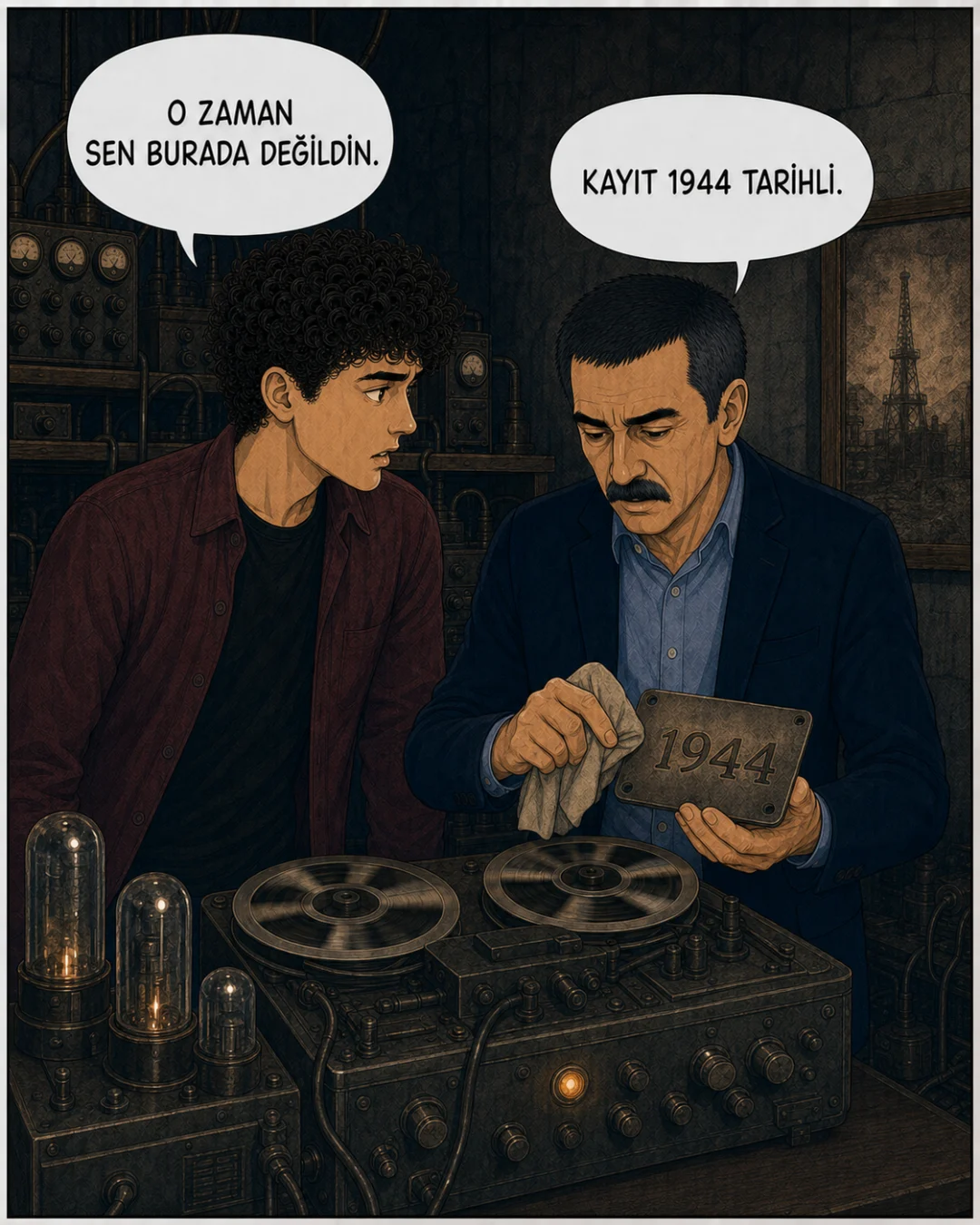 Murat Bey 1944 yazılı metal plakayı temizlerken makaralı cihaz çalışıyor.
