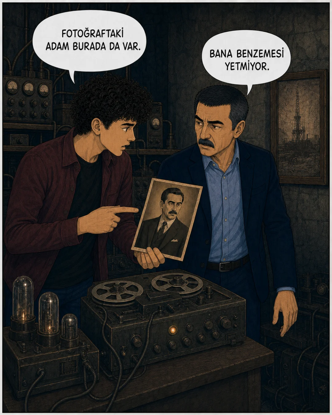 Efe eski fotoğraftaki bıyıklı adamı Murat Beye gösteriyor.