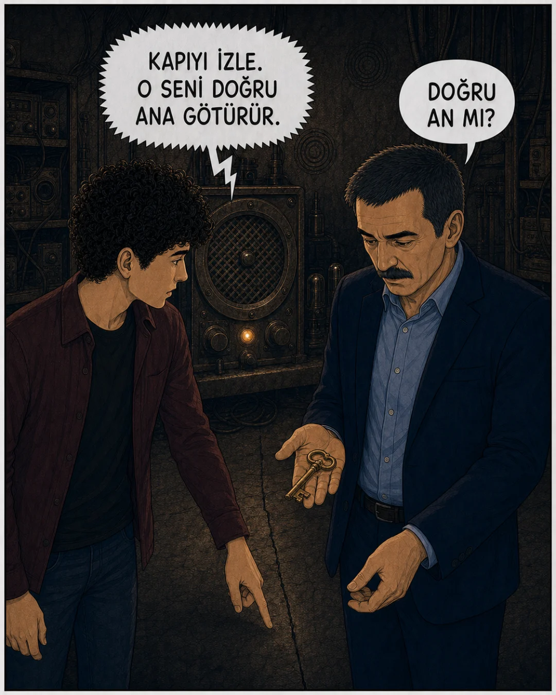 Radyo kapıyı izlemelerini söylerken Efe zemindeki çizgiyi, Murat Bey anahtarı inceliyor.