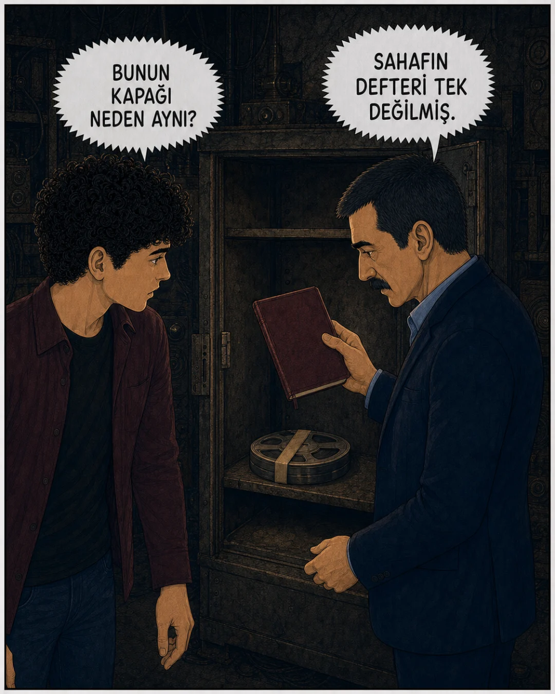Açılan metal dolapta bordo defter ile mühürlü ses bandı bulunuyor.