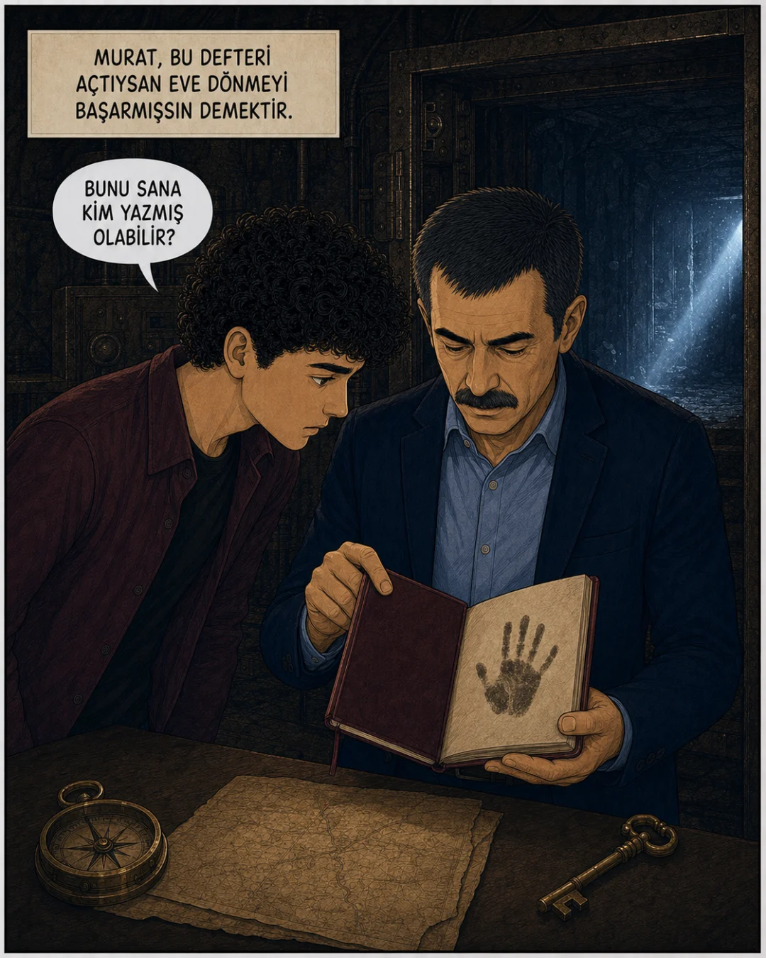 Murat Bey açık bordo defterdeki çocuk el izini Efe ile inceliyor.
