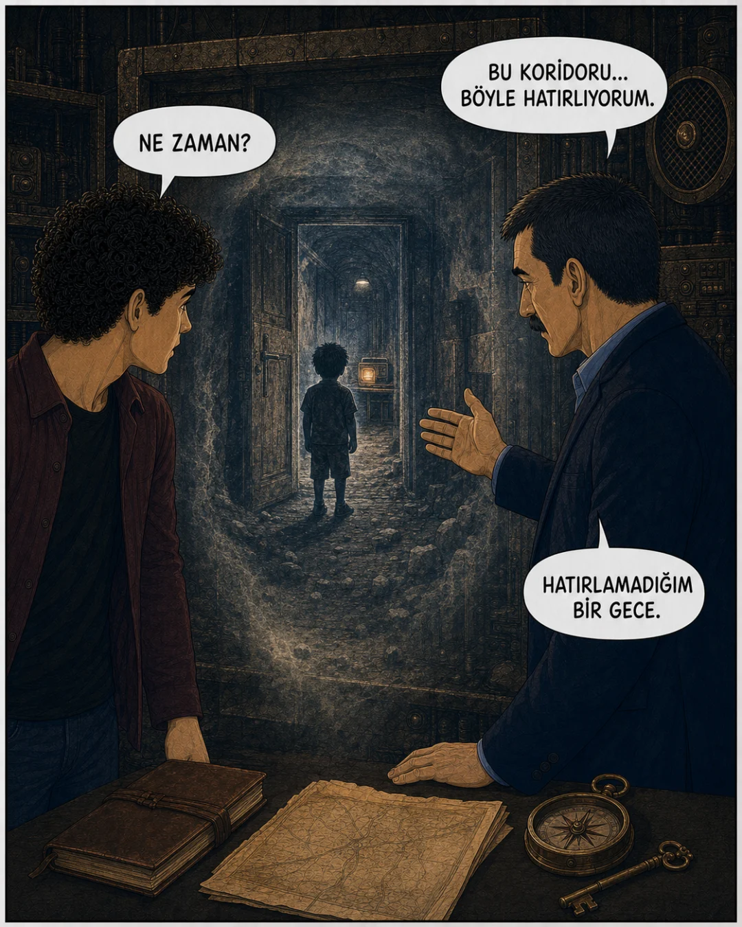 Murat Beyin hatırasında yüzü görünmeyen bir çocuk açık kapılı koridorda duruyor.