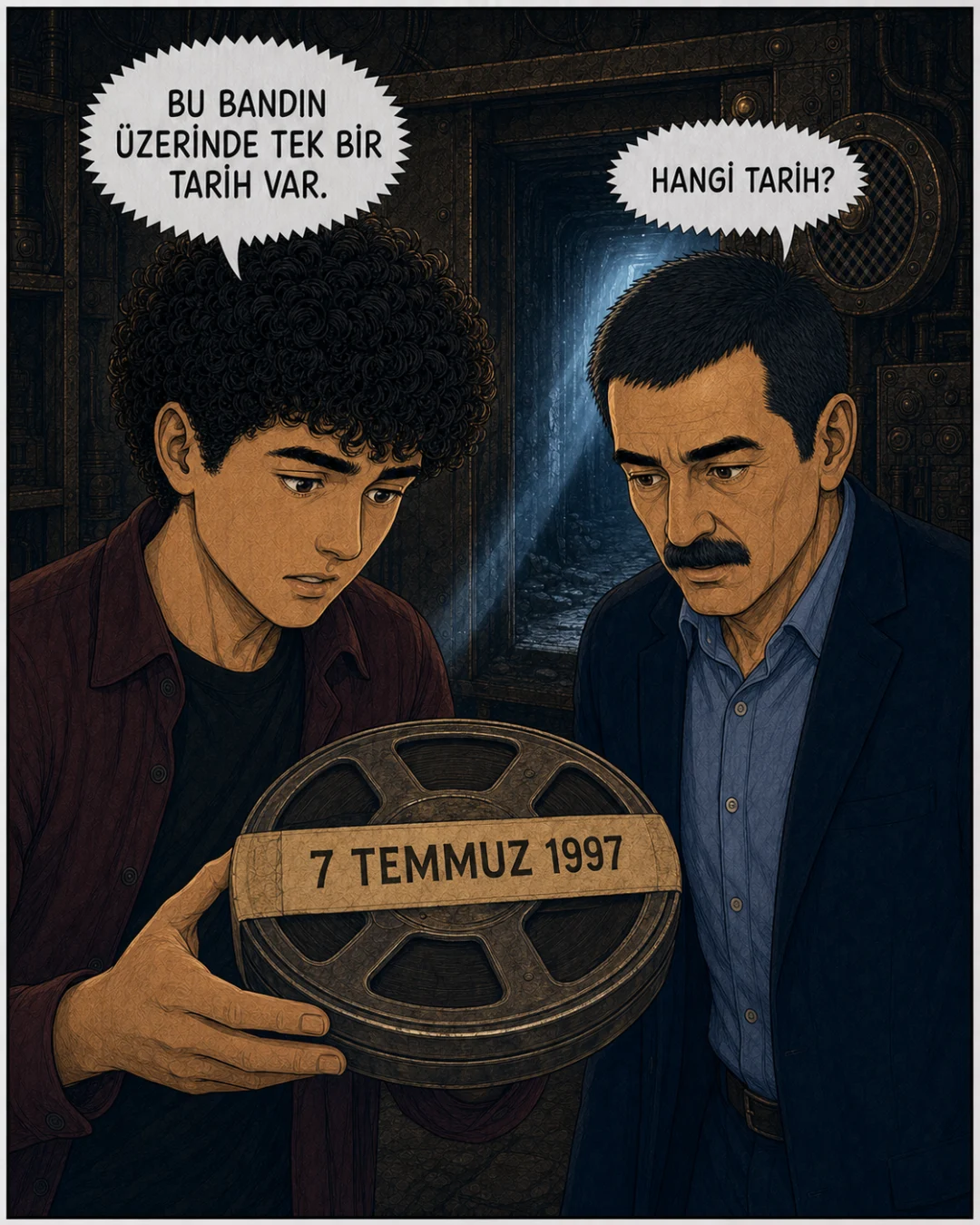 Efe üzerinde 7 Temmuz 1997 yazan eski ses bandını Murat Beye gösteriyor.