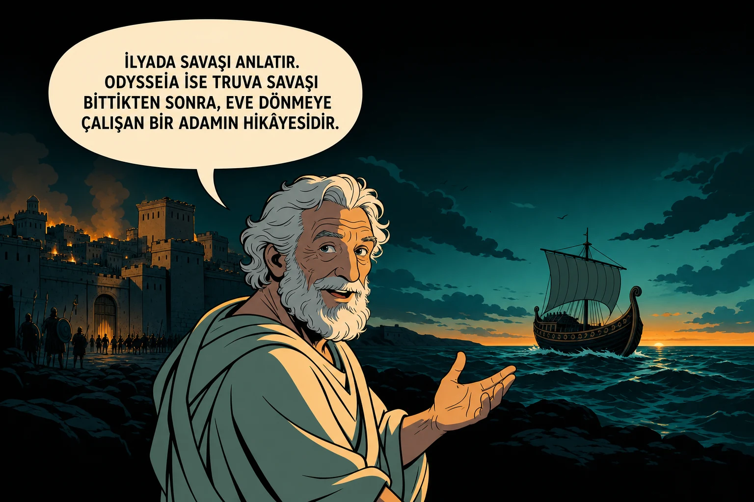 Homeros, Truva surlarıyla denize açılan gemi arasında İlyada ve Odysseia arasındaki farkı açıklıyor.