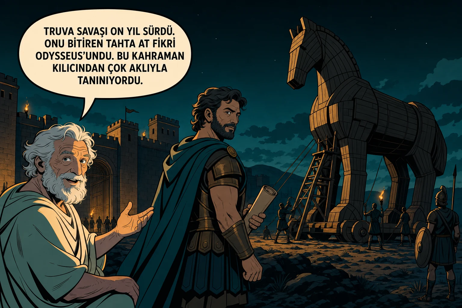 Homeros, Truva kapısındaki tahta atın yanında plan tutan Odysseus’u tanıtıyor.