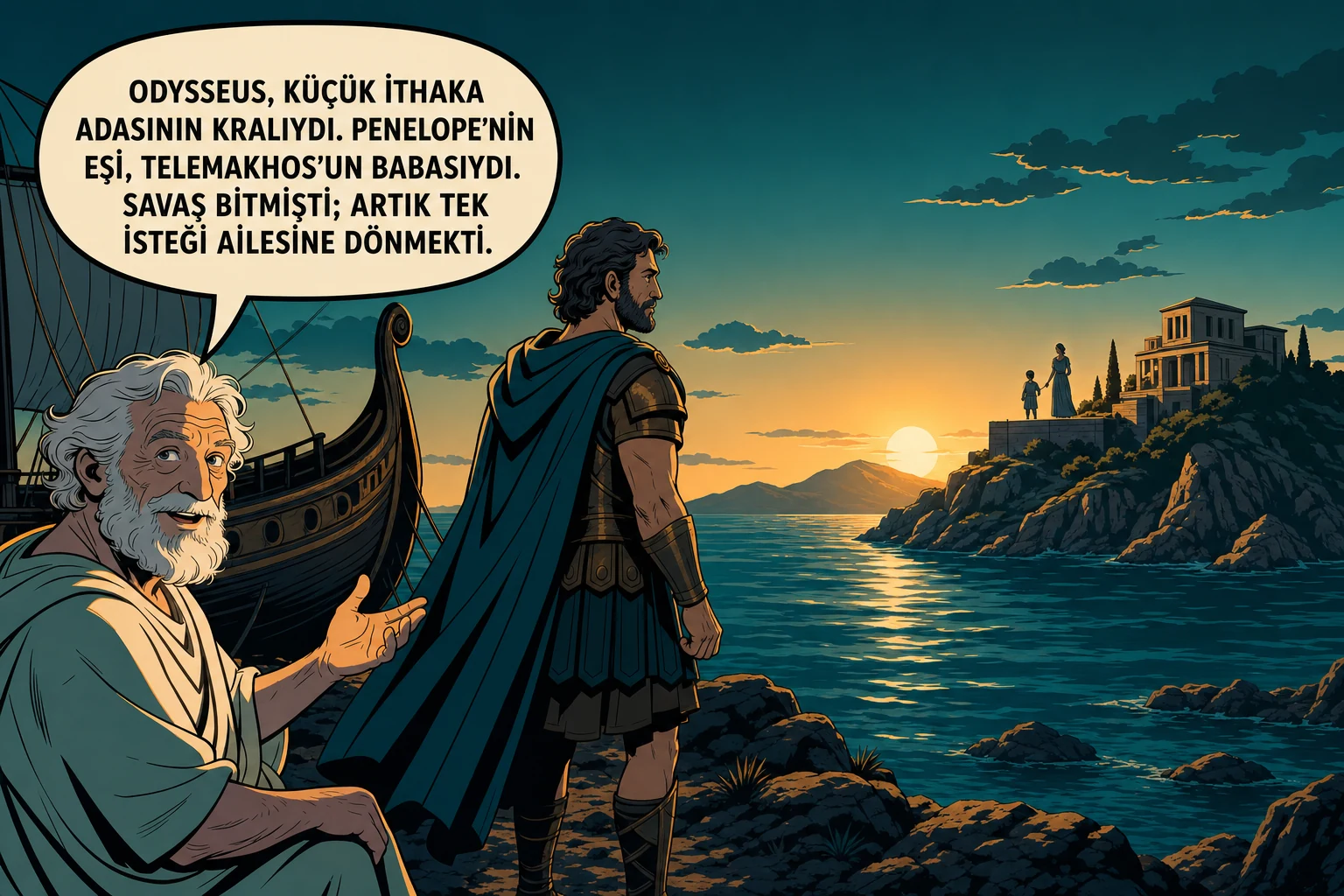 Odysseus gemisinin yanında uzaktaki İthaka’ya, Penelope’ye ve Telemakhos’a bakıyor.