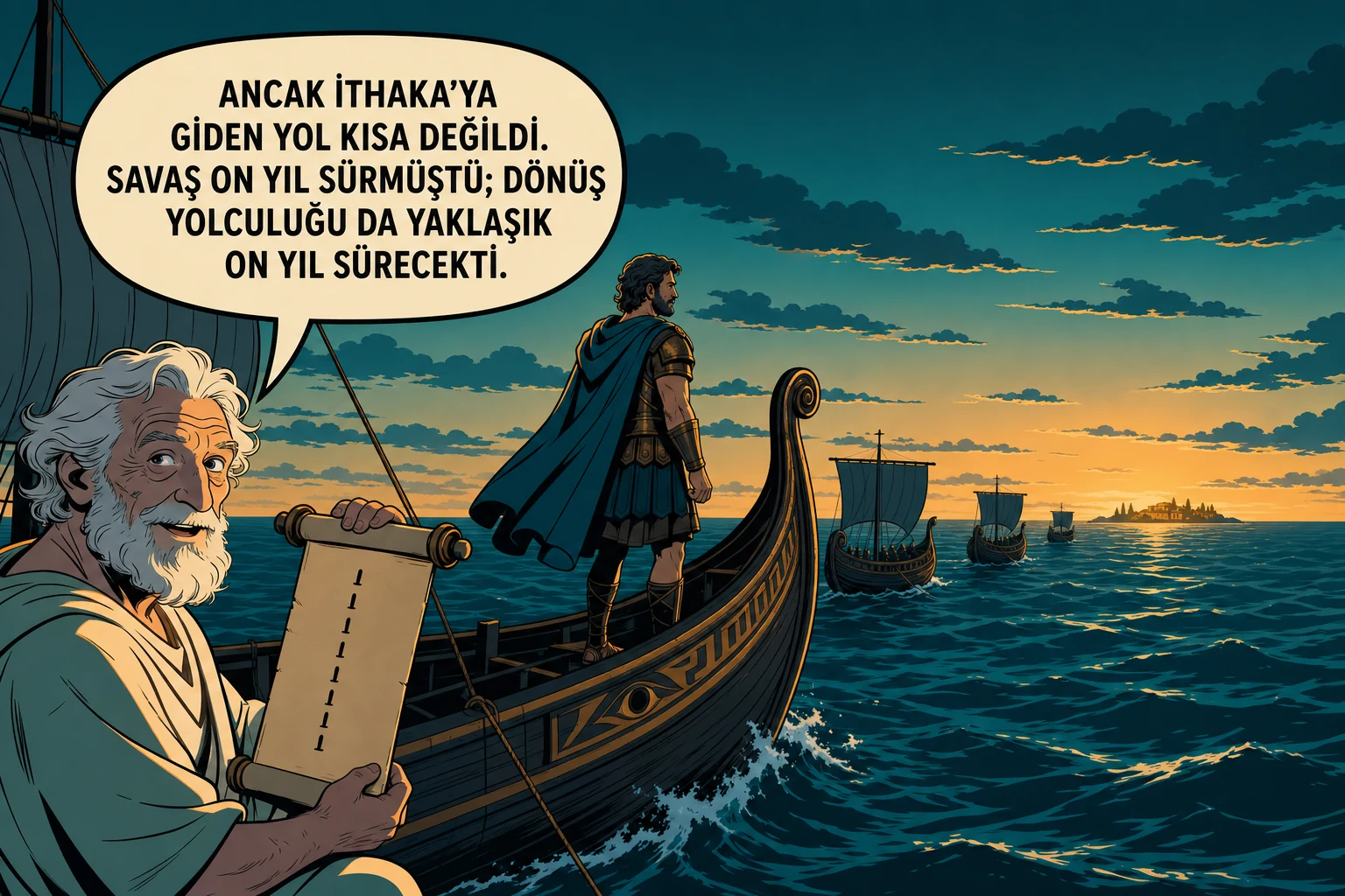 Homeros, engin denizde İthaka’ya ilerleyen Odysseus’un on yıl süren dönüş yolculuğunu anlatıyor.