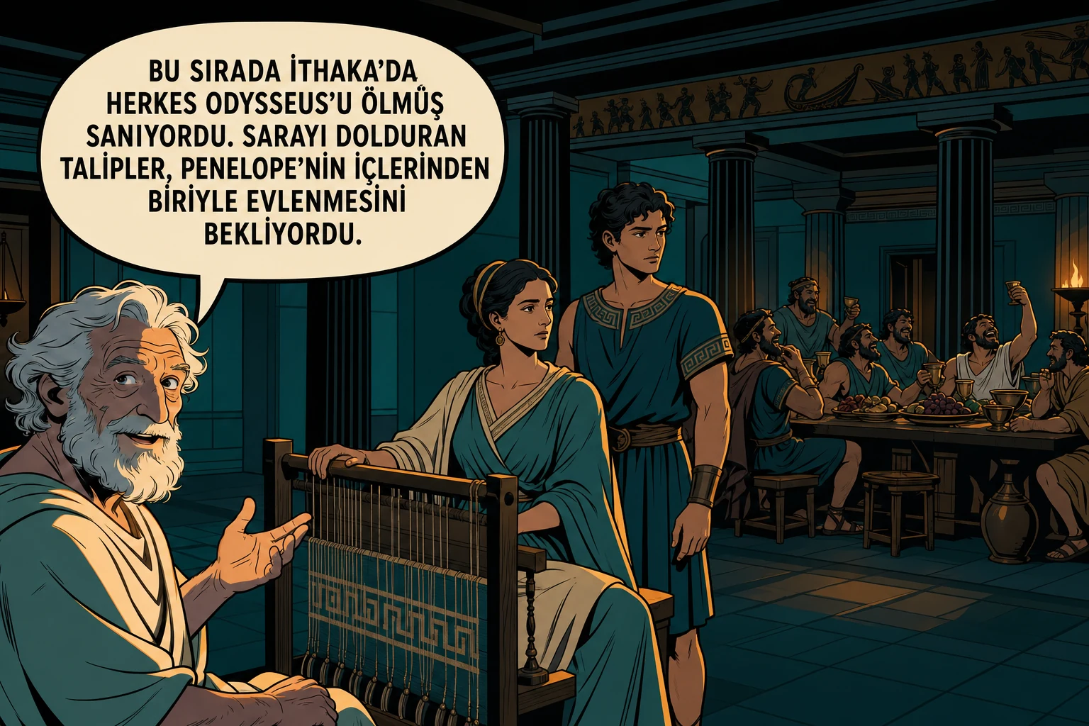 Penelope ve Telemakhos, İthaka sarayında ziyafet veren taliplerin baskısı altında bekliyor.