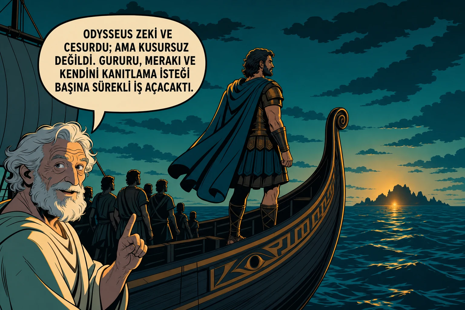 Homeros, bilinmeyen bir adaya yönelen Odysseus’un gururu ve merakının yaratacağı tehlikeyi açıklıyor.