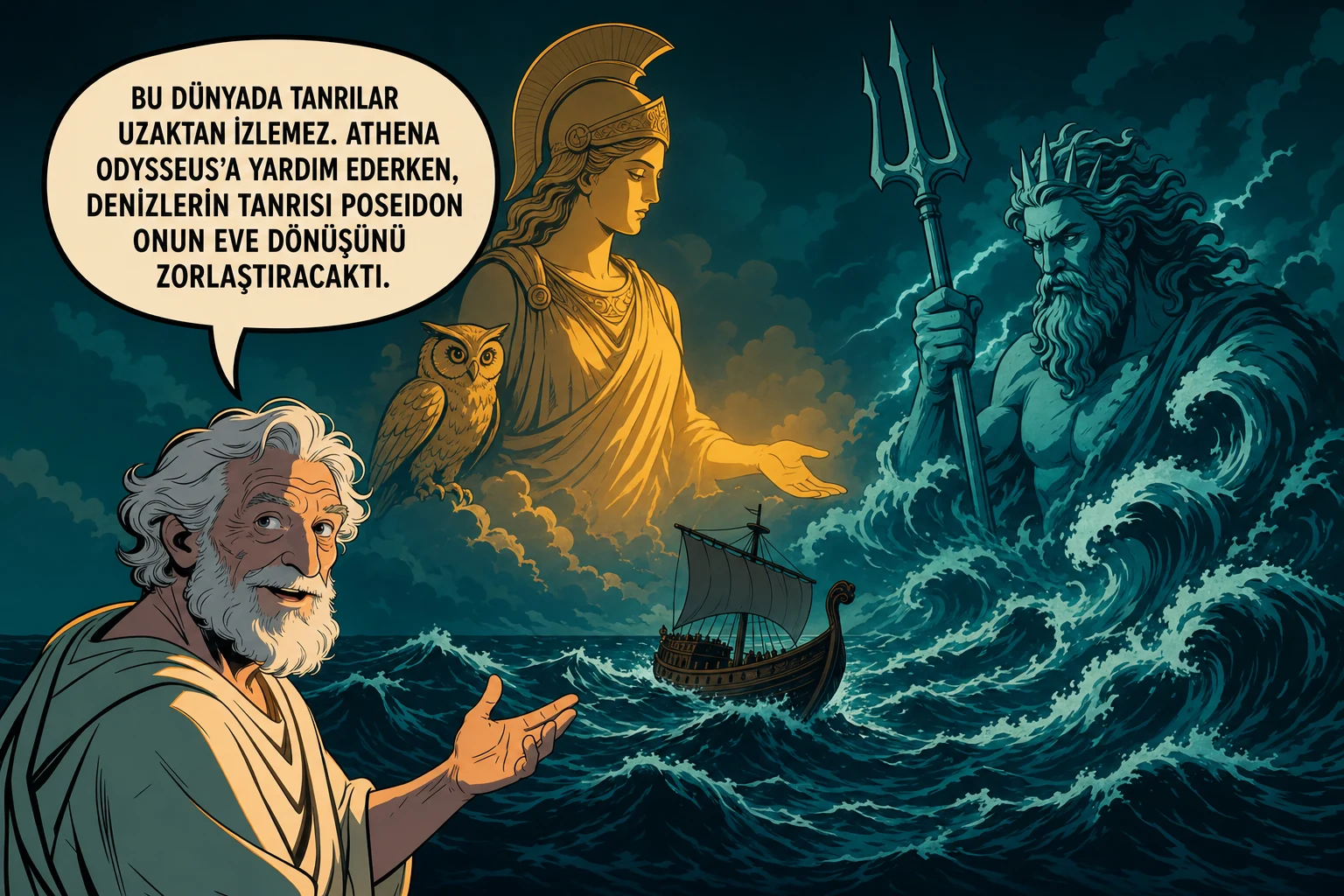 Athena Odysseus’un gemisine yol gösterirken Poseidon üç dişli yabasıyla denizi ona karşı çeviriyor.