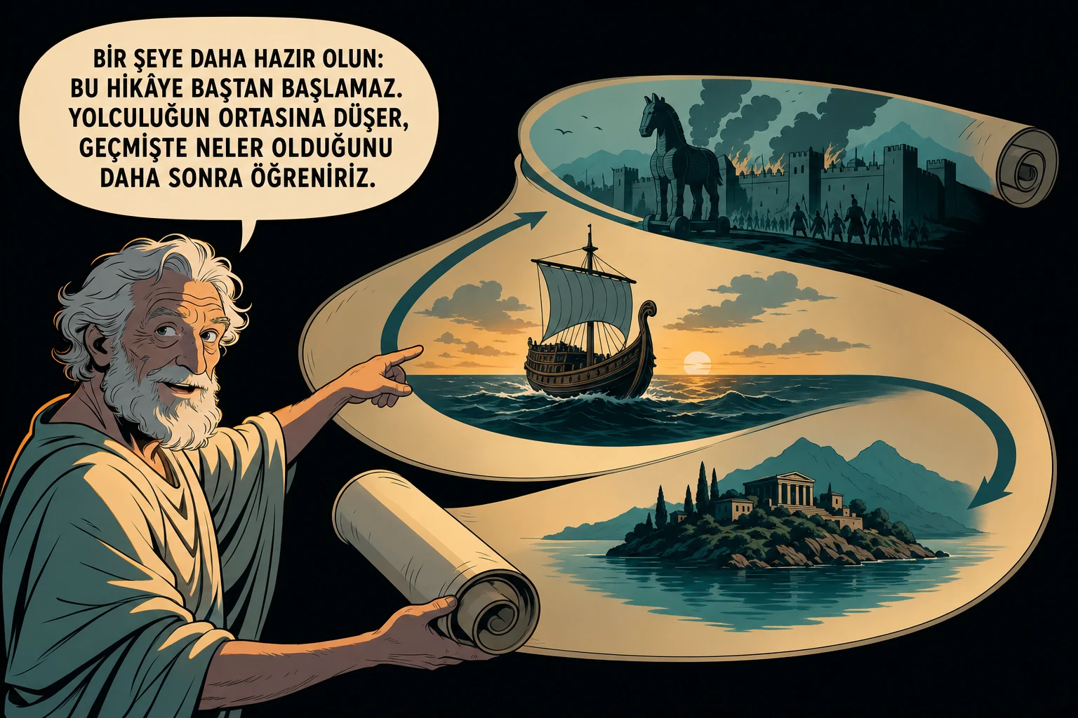Homeros açtığı parşömen üzerinde Odysseia’nın olayların ortasından başlayan anlatı düzenini gösteriyor.