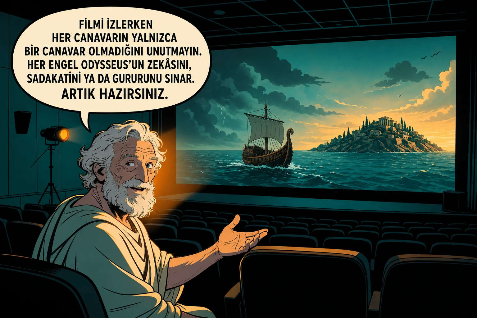 Homeros sinema salonunda izleyiciye seslenirken perdede Odysseus’un gemisi aydınlık İthaka’ya yaklaşıyor.