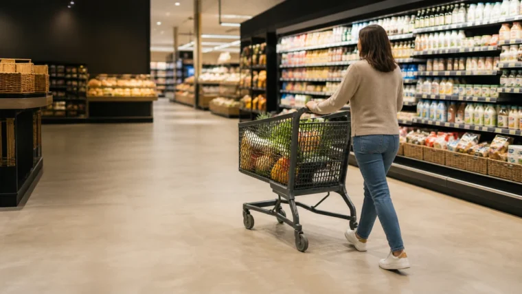 Bir market koridorunda alışveriş arabasını iten kişinin ayak, gövde ve arabadaki hareketini gösteren yazısız görsel