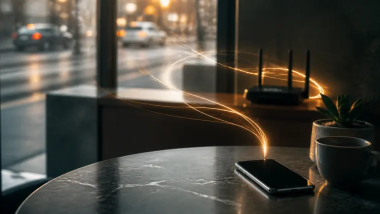 Kafede telefon, Wi-Fi yönlendirici ve şifreli bağlantıyı çağrıştıran yazısız teknoloji sahnesi