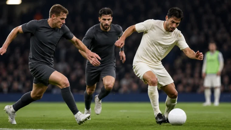 Gece maçında topu sürerken baskı gören kurgusal futbolcular