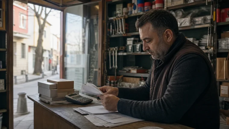 Küçük bir tamir dükkânında belgelerini ve hesap makinesini inceleyen esnaf