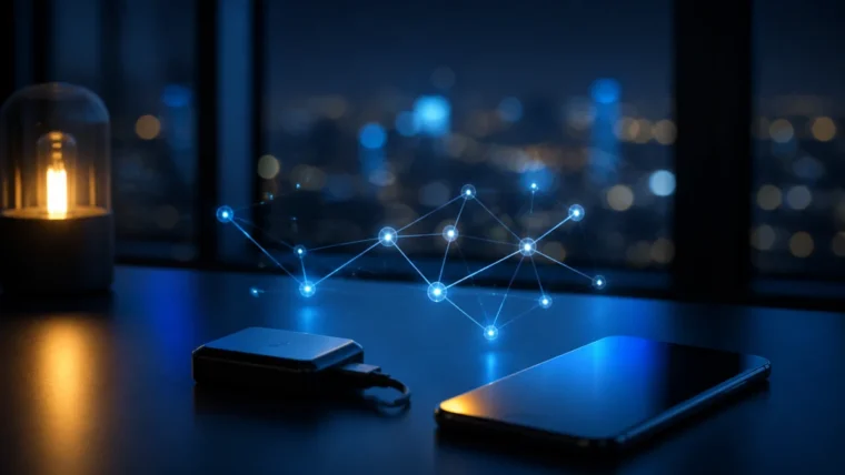 Gece ışığında boş ekranlı telefon, işaretsiz güvenlik anahtarı ve soyut bağlantı düğümleri.