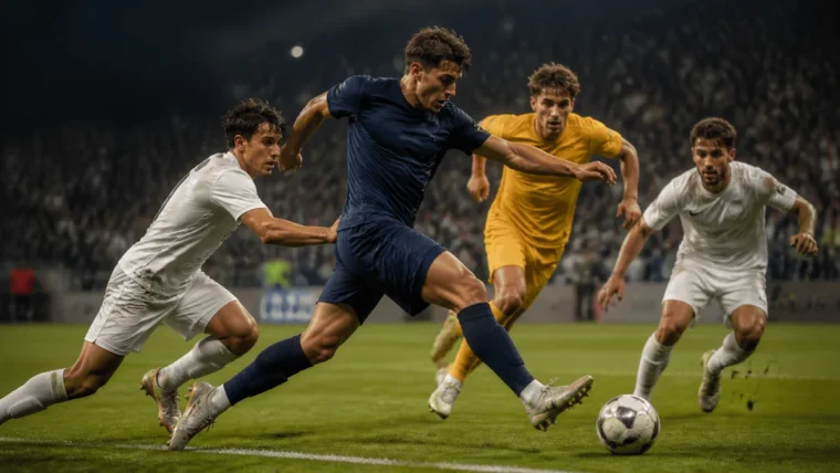 Ceza sahasında topa yetişmeye çalışan kurgusal futbolcular