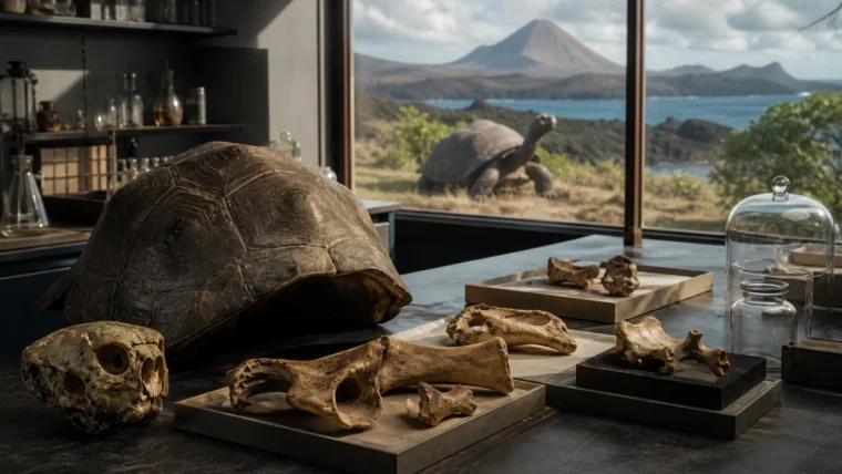 Müze kemikleri ve dev kaplumbağa kabuğuyla Galápagos koruma laboratuvarı sahnesi