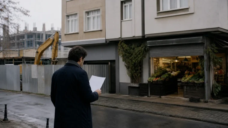 İstanbul’da bir inşaat ve mahalle dükkânı önünde boş kâğıda bakan kişi